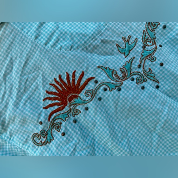 Vintage Western Shirt Cowgirl Southwestern Aqua Orange Country Top Festival - Picture 12 of 17